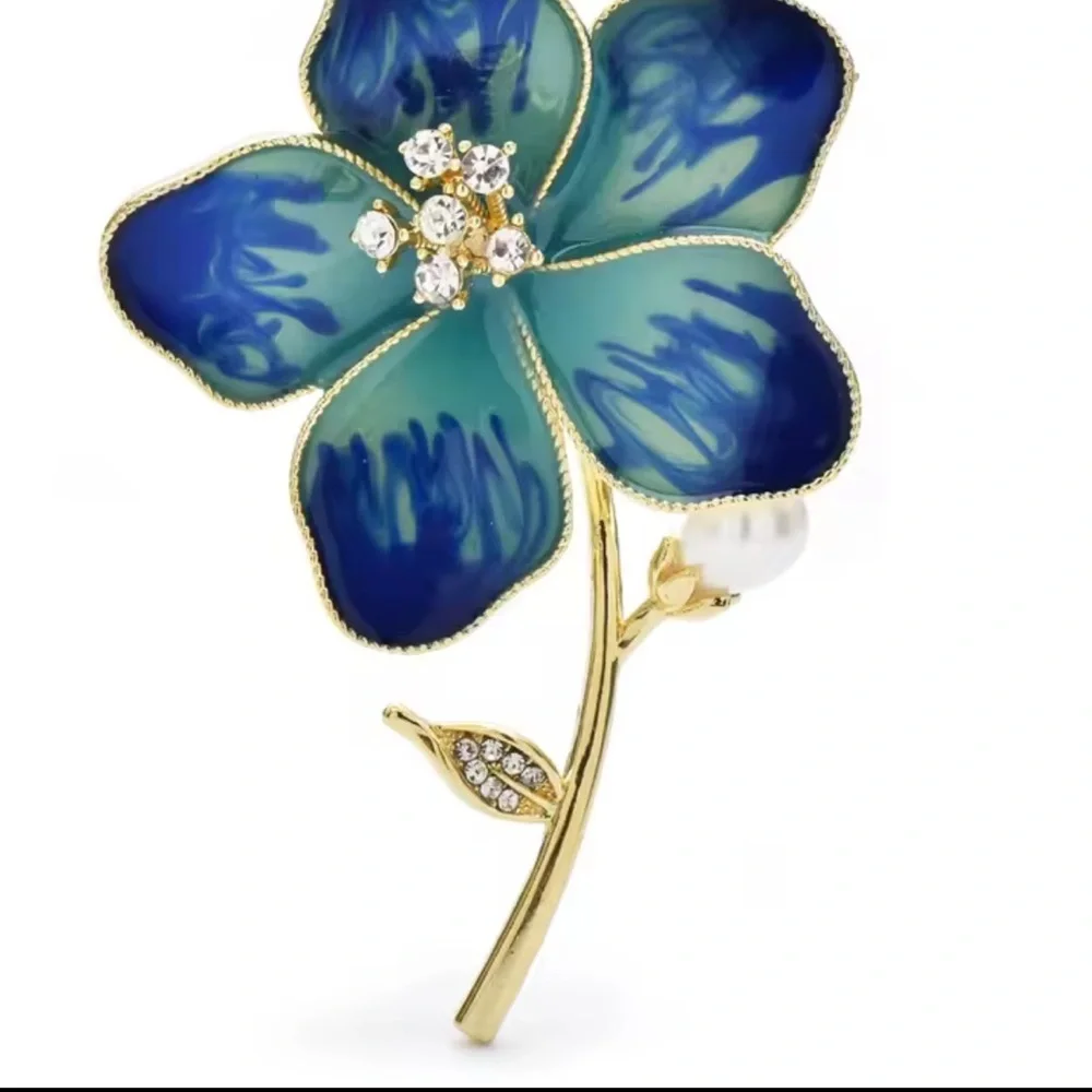 Blue Floral Blossom Gold Brooch